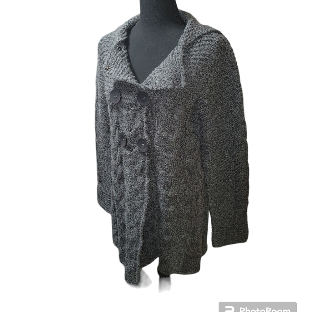 BCBG Cable Knit Cardigan Sweater Jacket Heavyweight Gray Wool Blend Sz M w/ hood